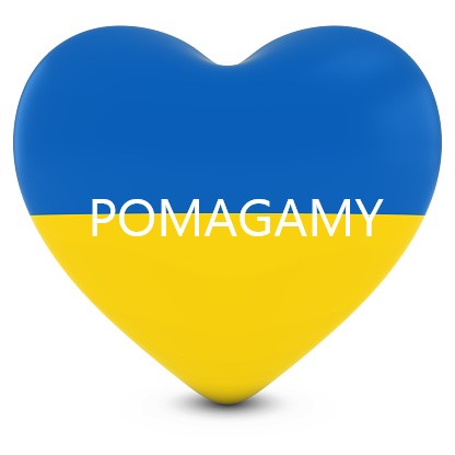 Barwy Ukrainy w kształcie serca z napisem pomagamy