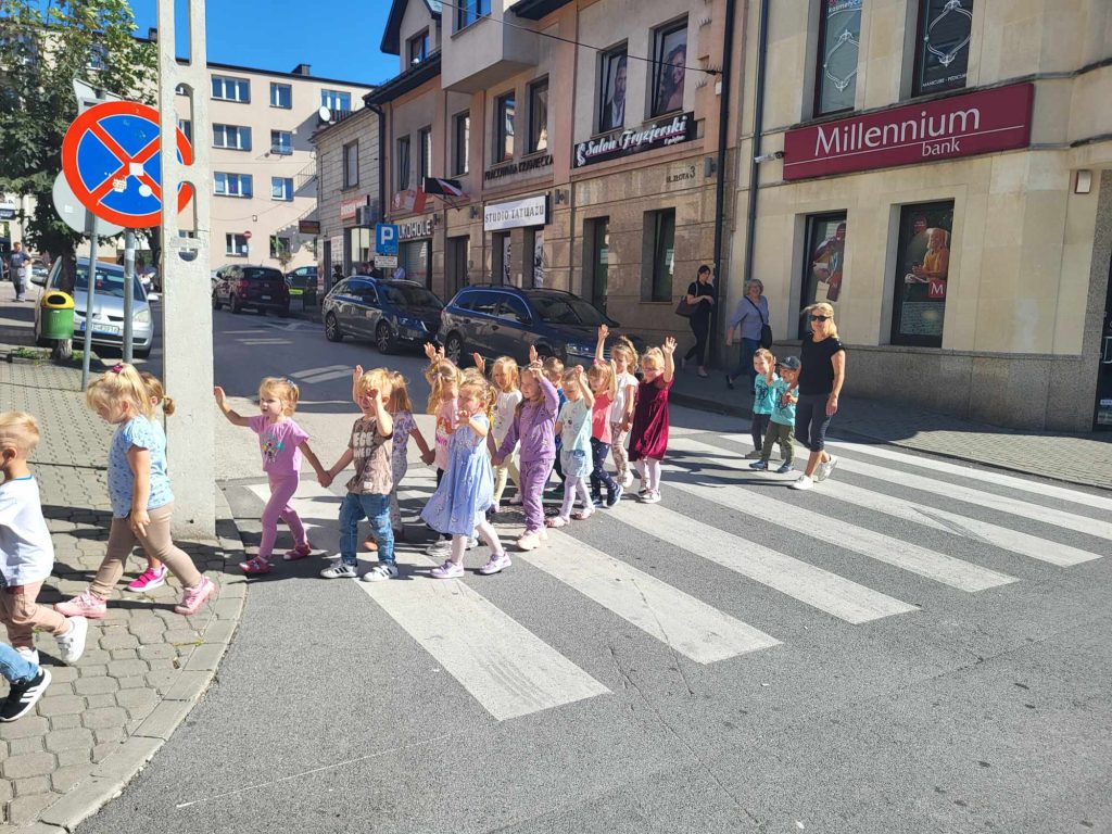 Przedszkolaki z Panią przechodzą przez przejście dla pieszych