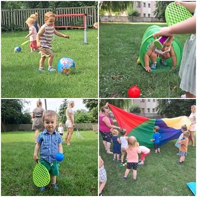 dzieci z grupy żabki wesoło spędzają czas na pikniku, bawiąc się, śmiejąc i jedząc pyszności